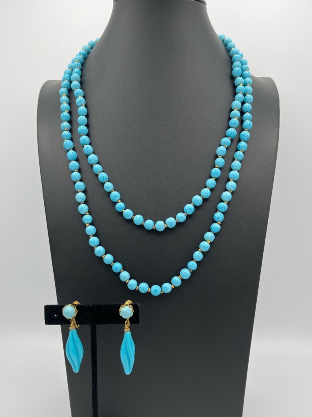 Rare 60" Vintage Miriam Haskell 1960s Turquoise Glass Bead Necklace and Earring